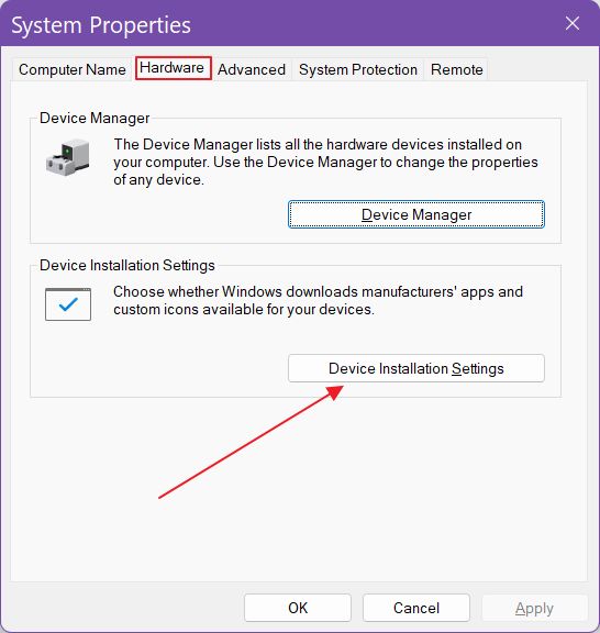 windows system properties device installation settings