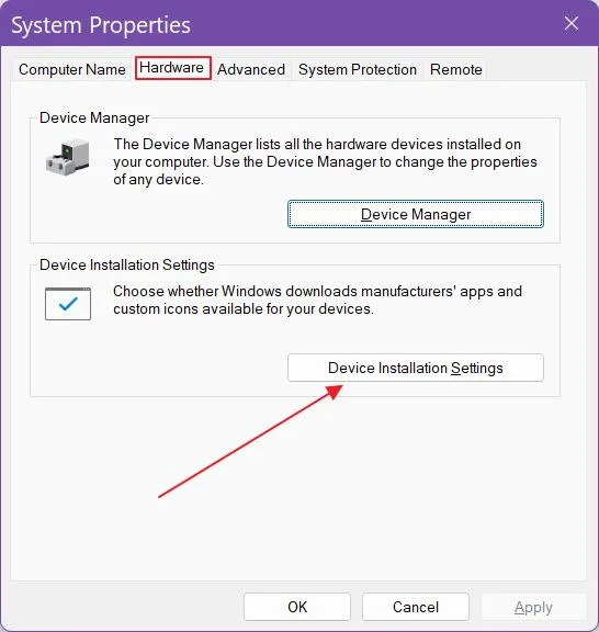 windows system properties device installation settings