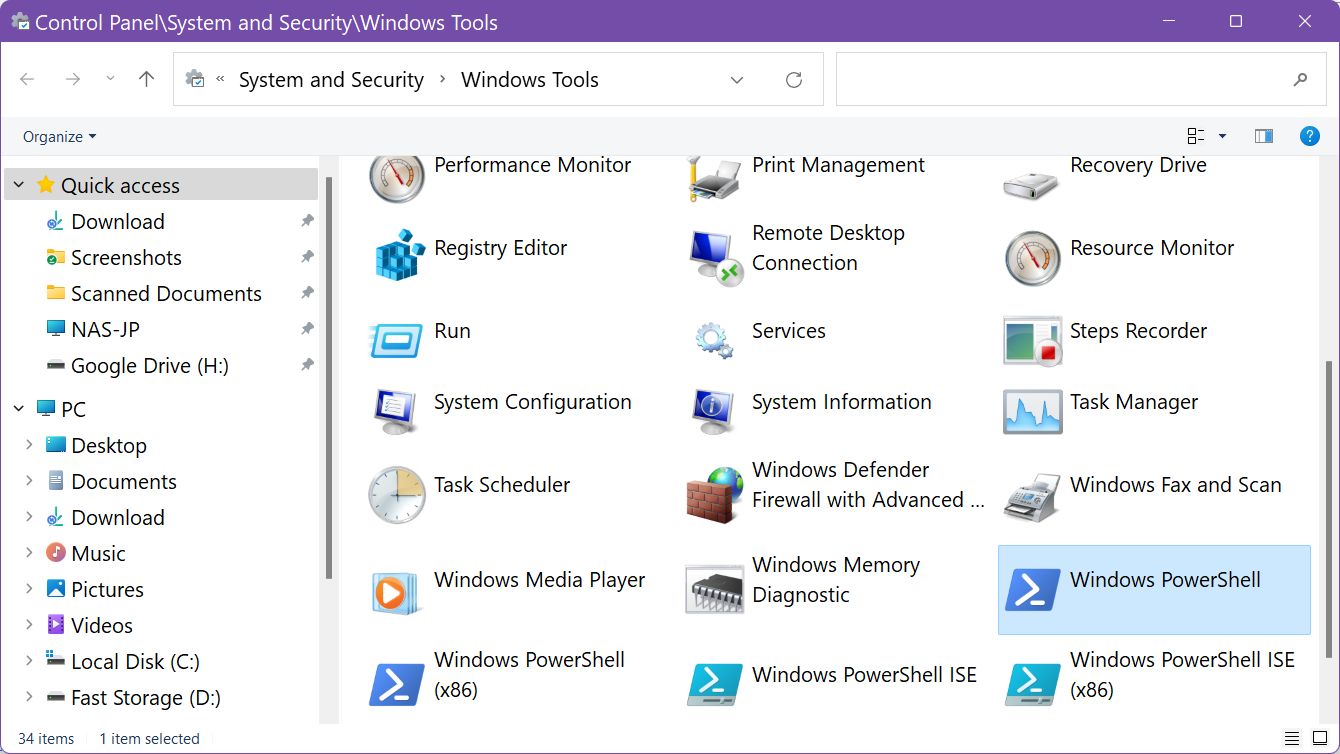 windows tools shortcuts folder powershell