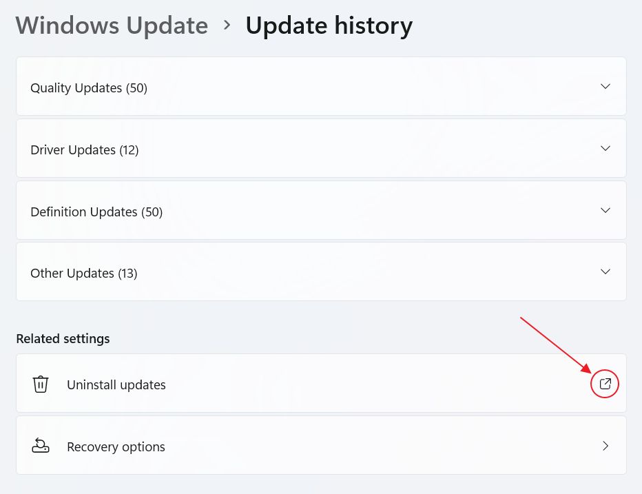 windows update history uninstall