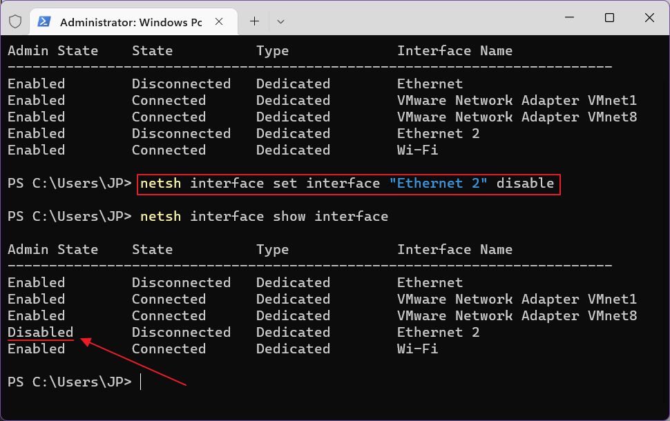 command prompt netsh disable network adapter