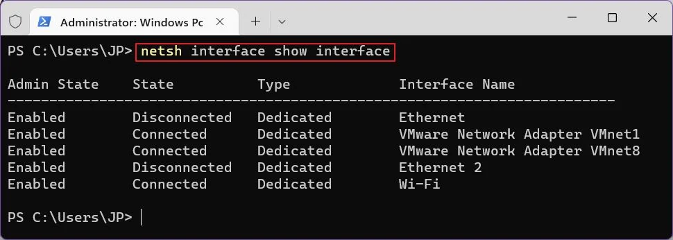 command prompt netsh list network adapters