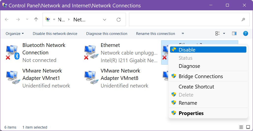 control panel network connections disable