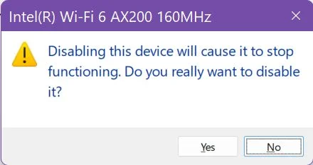 device manager confirm disable network adapter