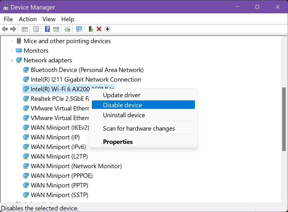 disable network adapter device manager