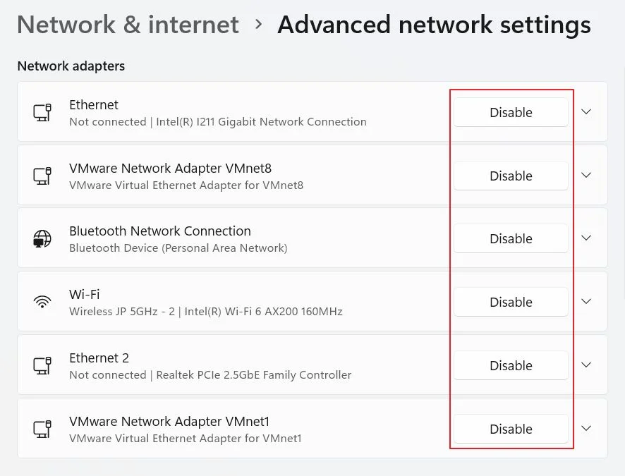 disable network adapter windows 11 settings