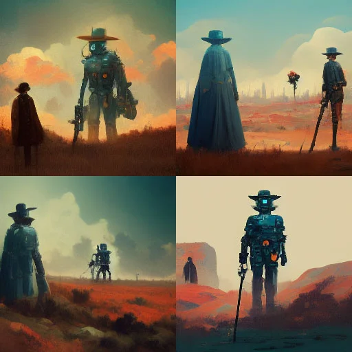 midjourney l'ultimo pistolero con un amico robot collage 2