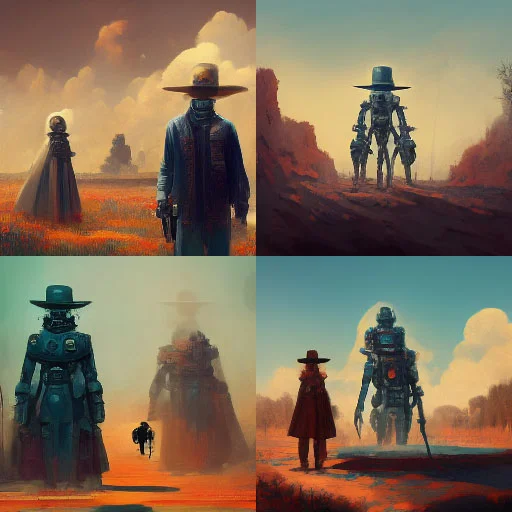collage midjourney the last gunslinger with a robot friend