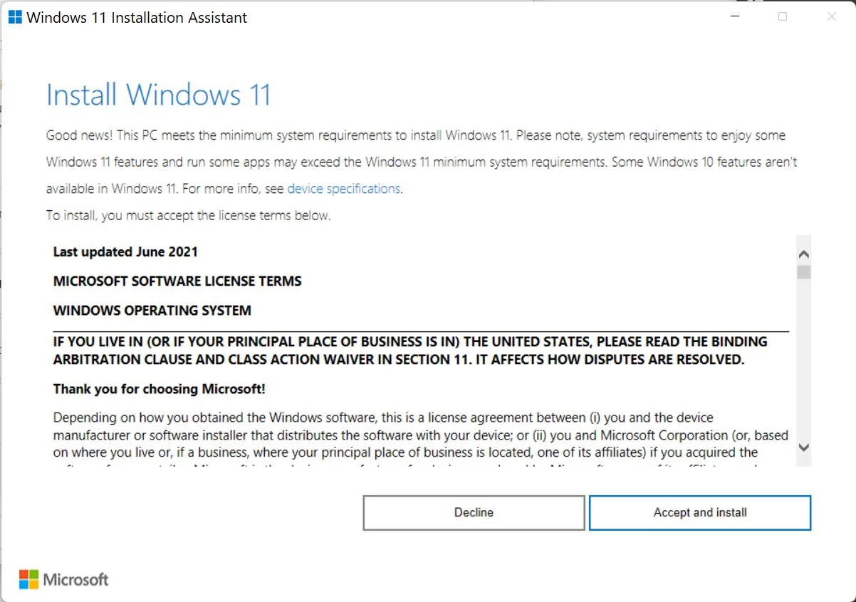 windows 11 installation assistant accept and install