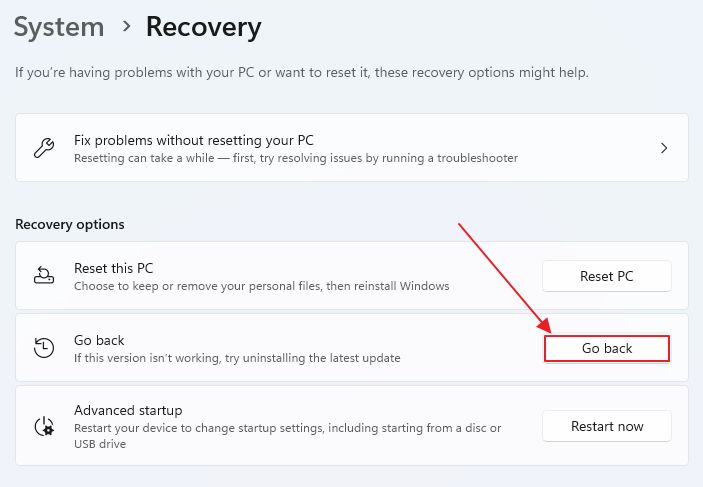 windows 11 recovery go back