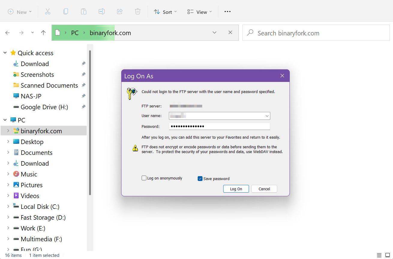 windows access network ftp location username password