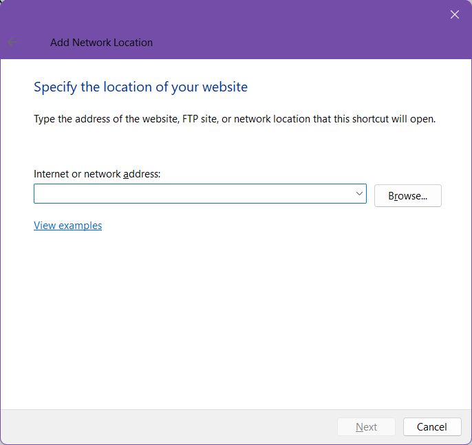 windows add network location internet or address