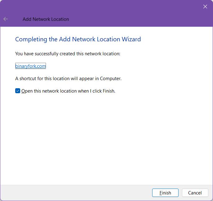 windows add network location wizard final step