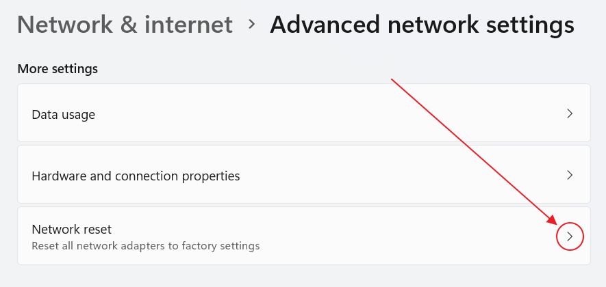 windows advanced network settings factory reset