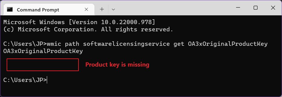 windows cmd wmic command product key is missing