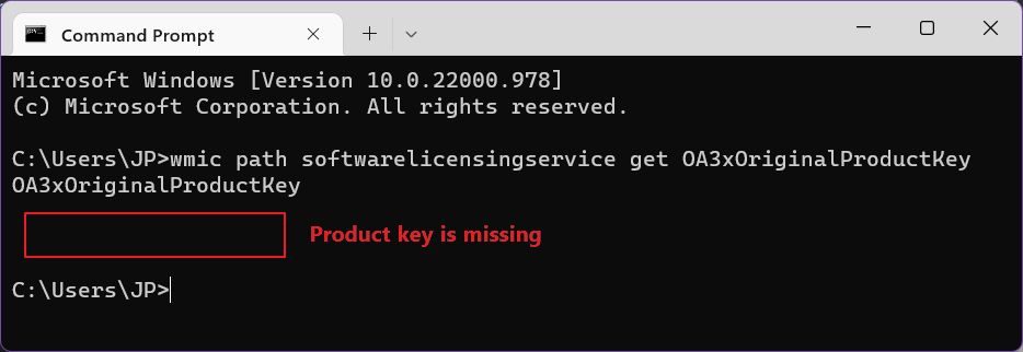 Windows cmd wmic command product key is missing