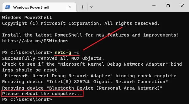 prompt dei comandi di windows netcfg ripristino della rete