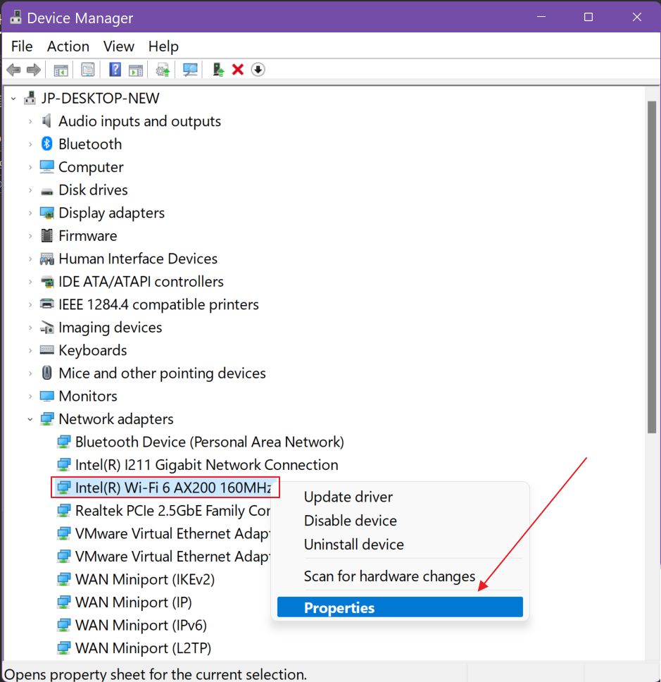 Propriétés de l'adaptateur réseau du gestionnaire de périphériques Windows