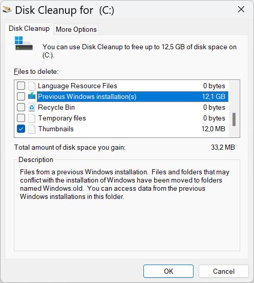 windows disk cleanup previous installation