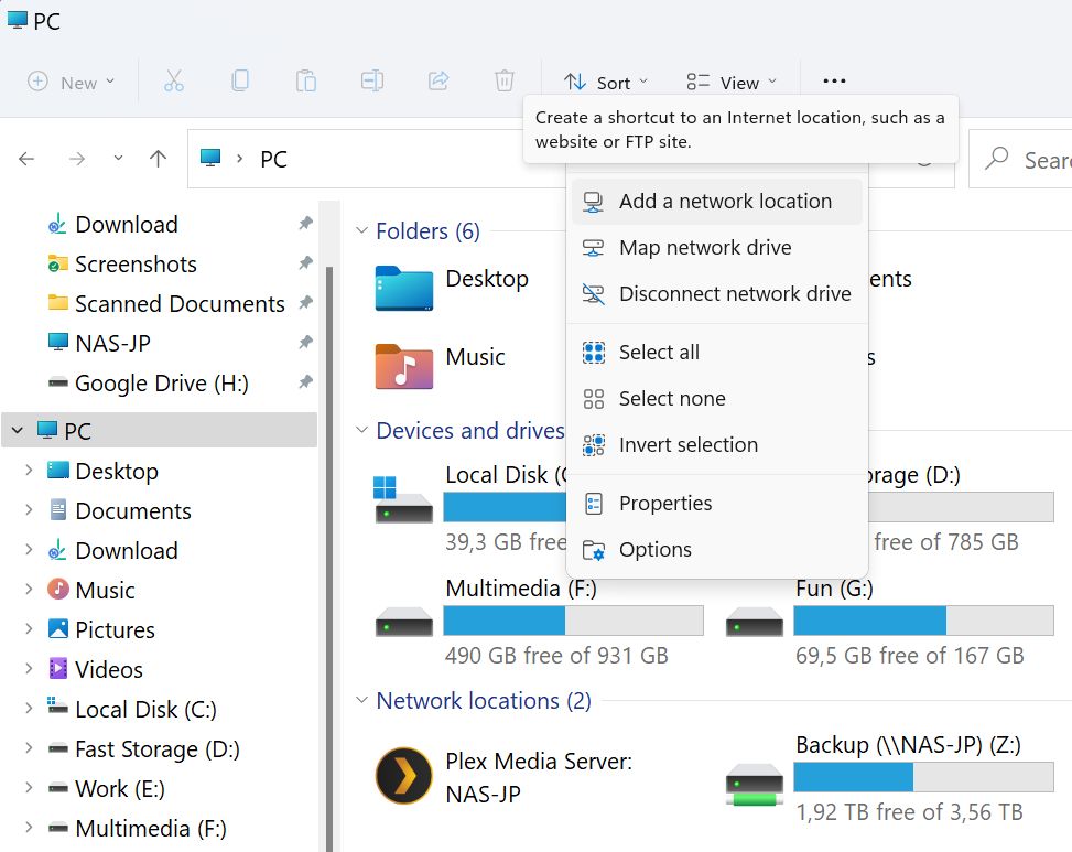 windows file explorer add network location shortcut