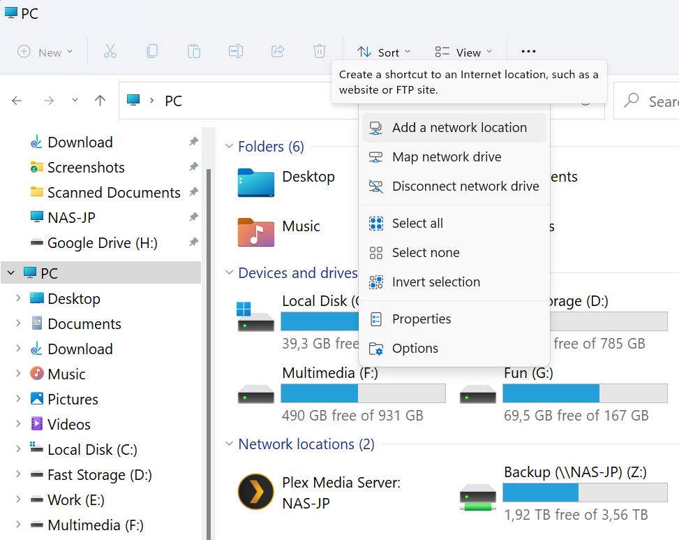 explorateur de fichiers windows ajouter un raccourci d'emplacement réseau