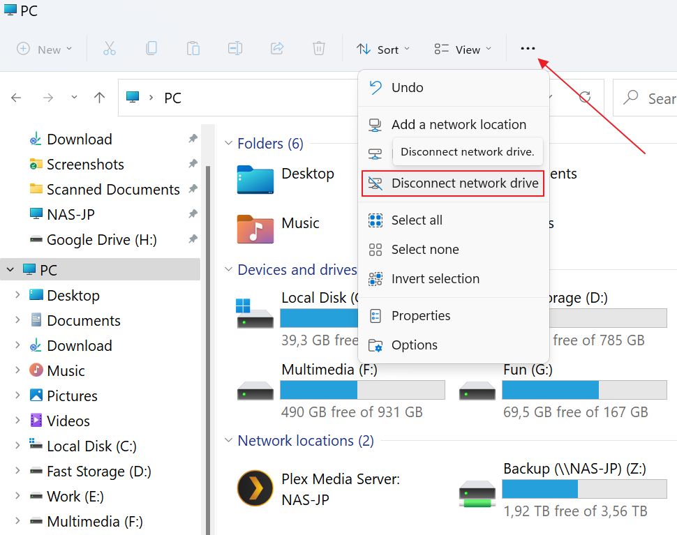 windows file explorer disconnect network drive shortcut