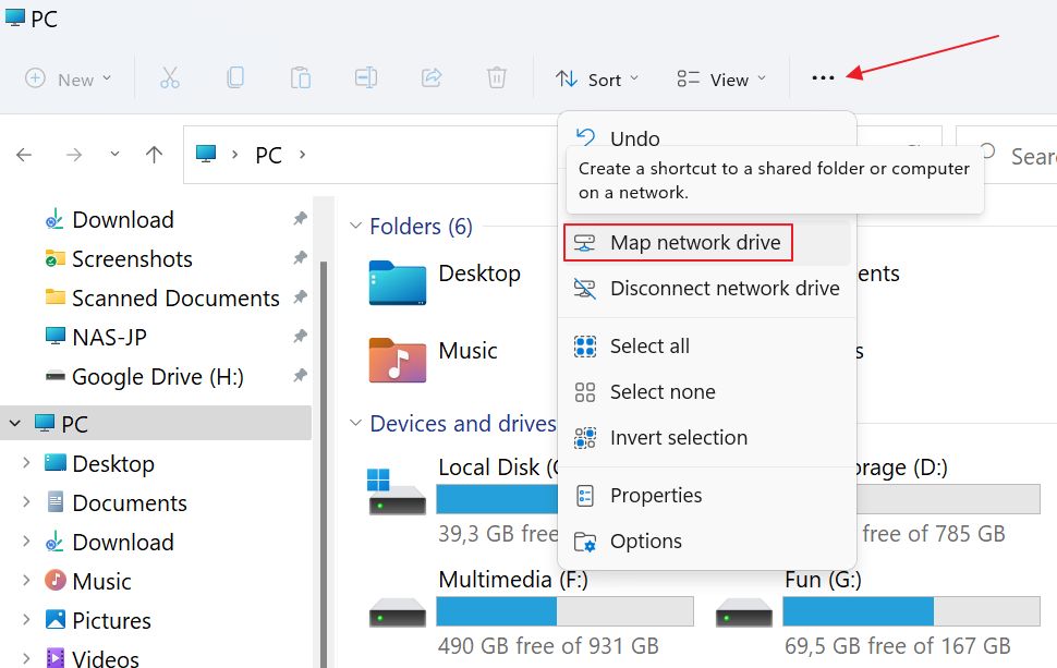 scorciatoia per la mappa dell'unità di rete di windows file explorer