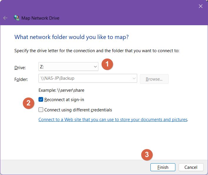 Windows Netzlaufwerk zuordnen Dialog