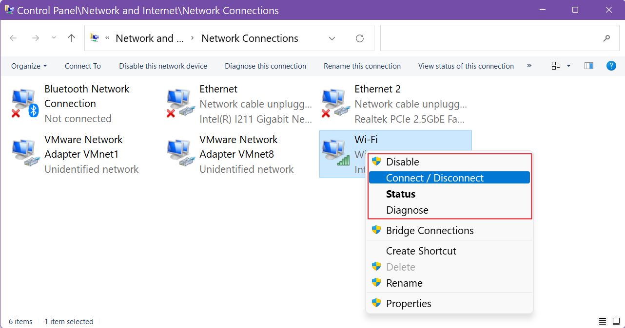 windows network connections disable connect disconnect diagnose