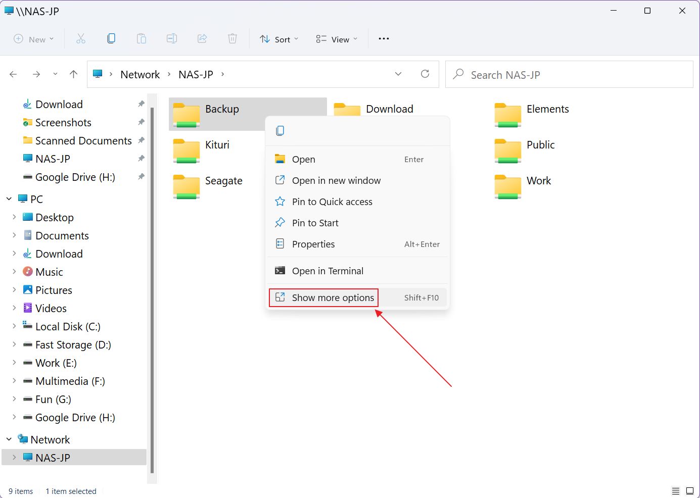 windows network share contextual menu show more options