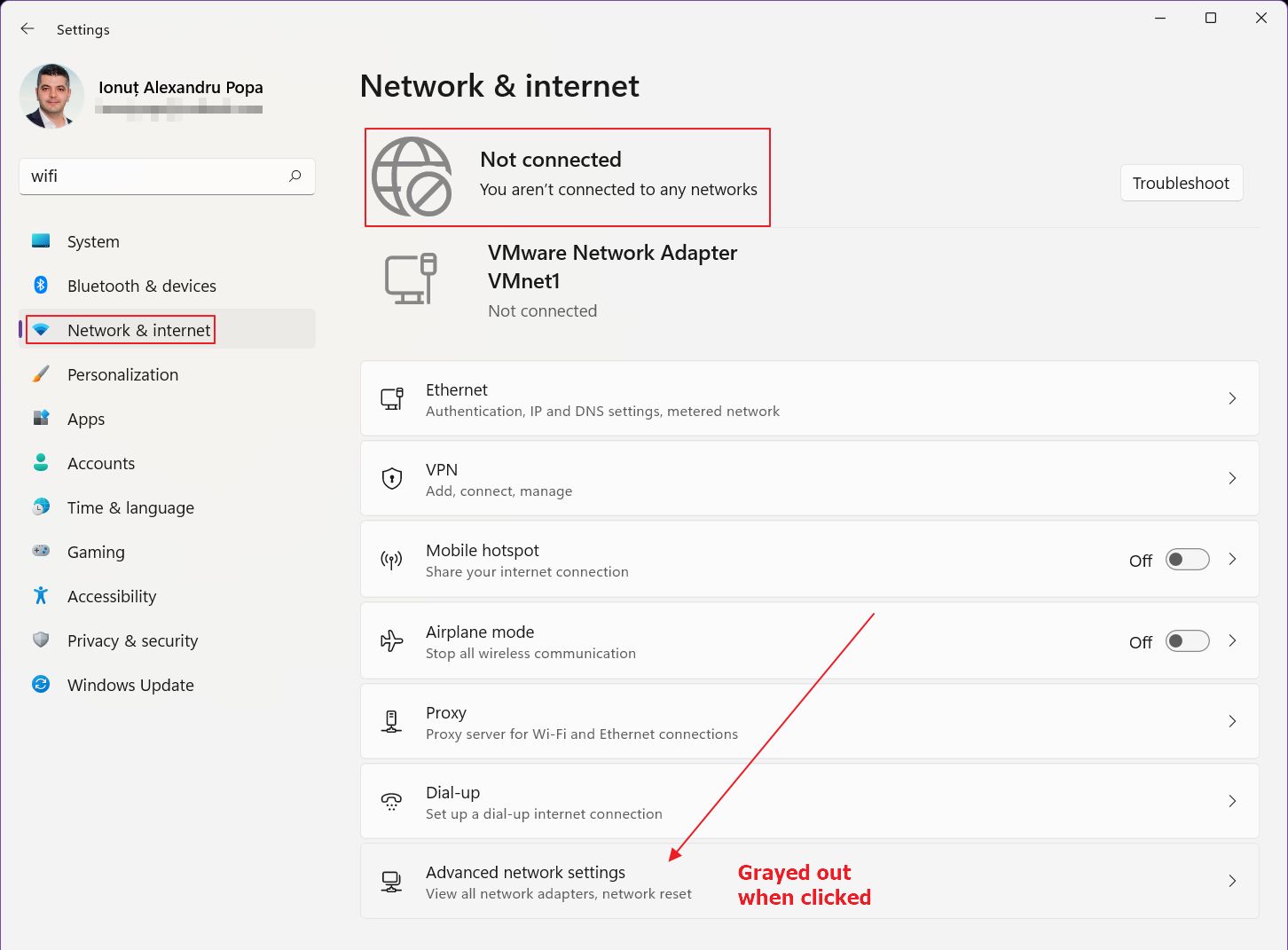 windows not connected to any networks