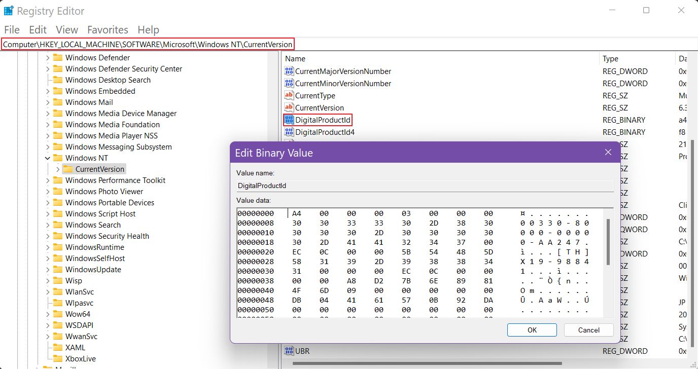 windowsプロダクトキーデジタルプロダクトID regedit hex data