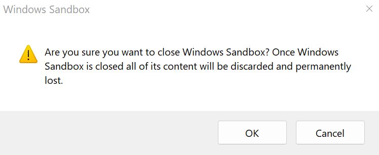 windows sandbox content on close message