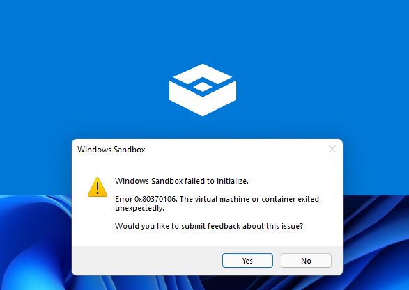 windows sandbox non è riuscito a inizializzarsi