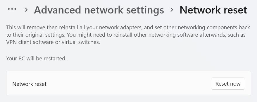 windows settings network reset now