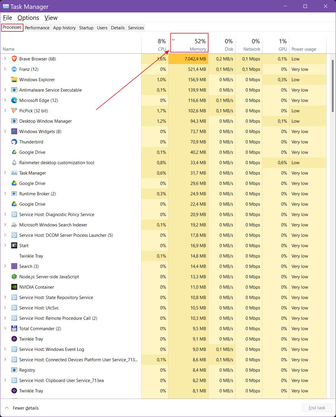 windows task manager memory ram usage per app