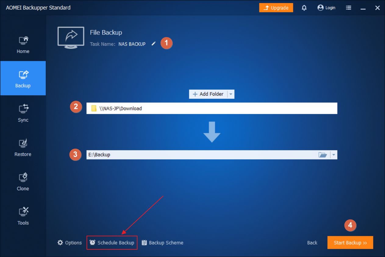 configuración de la copia de seguridad de archivos de aomei backupper