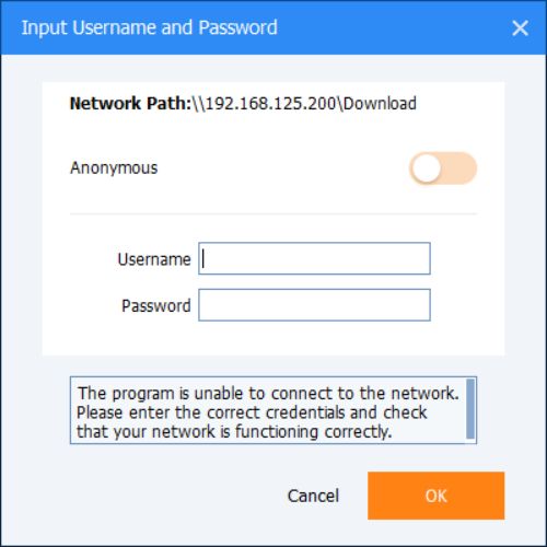 aomei backupper nas credentials popup