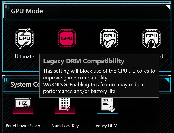 asus armoury crate legacy drm disabilita alder lake ecores