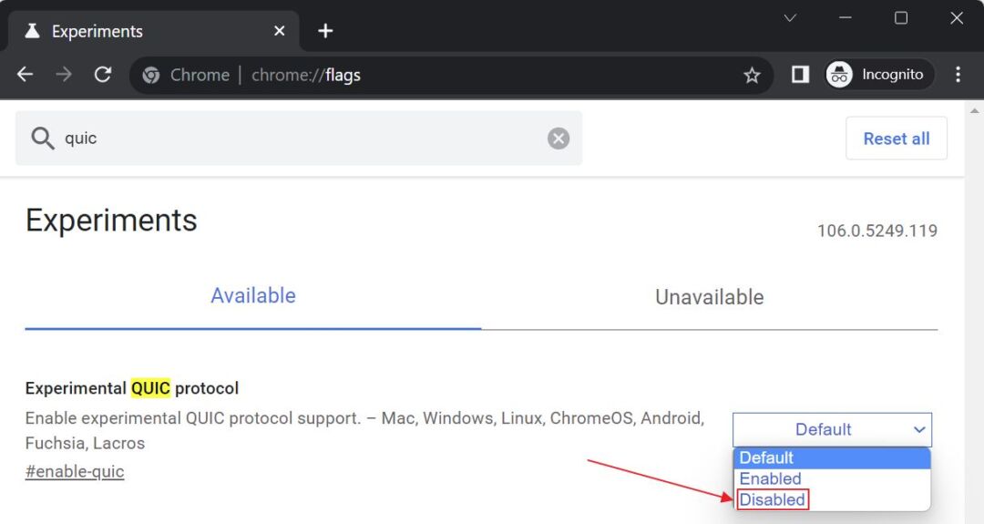 chrome experimental quic protocol