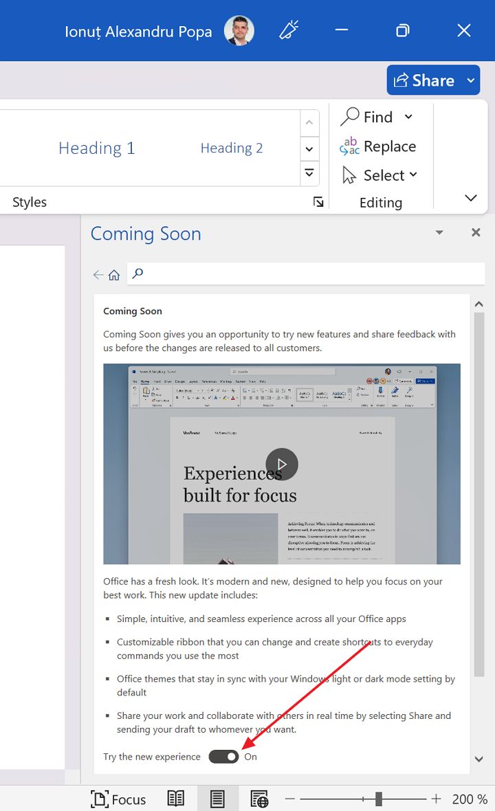 microsoft office coming soon try the new experience toggle