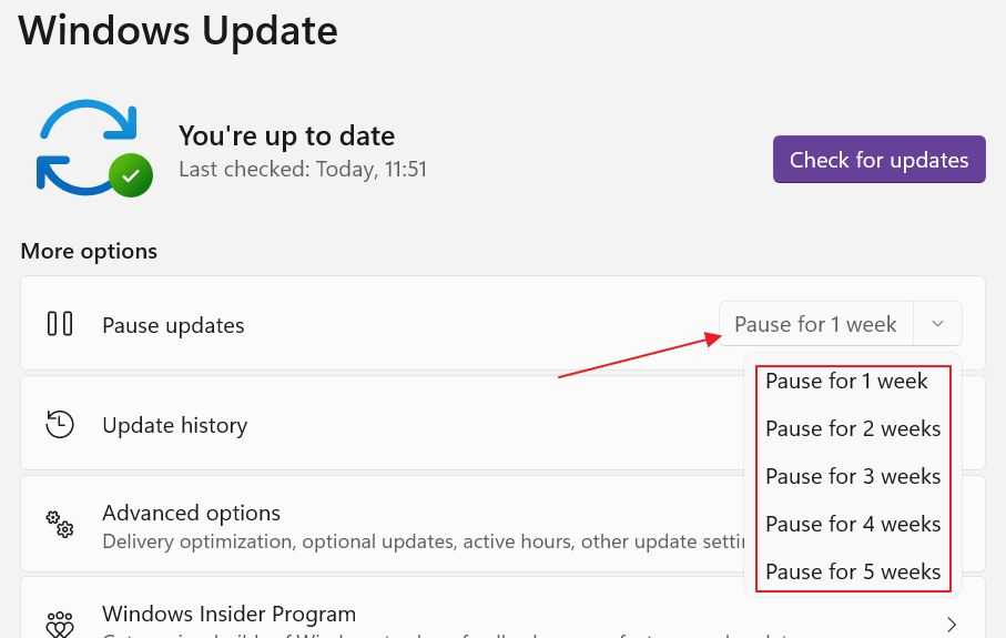 mets en pause les mises à jour de Windows pendant 5 semaines