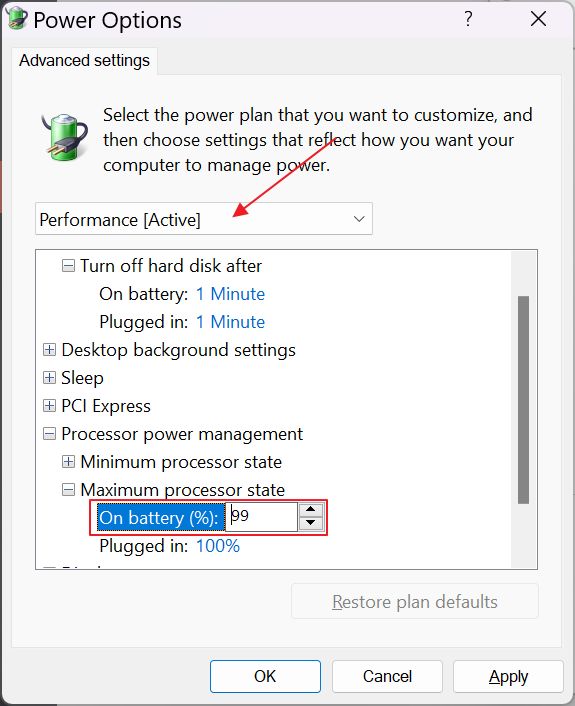 power plan change maximum processor state