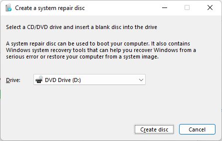 windows backup and restore create repair disc