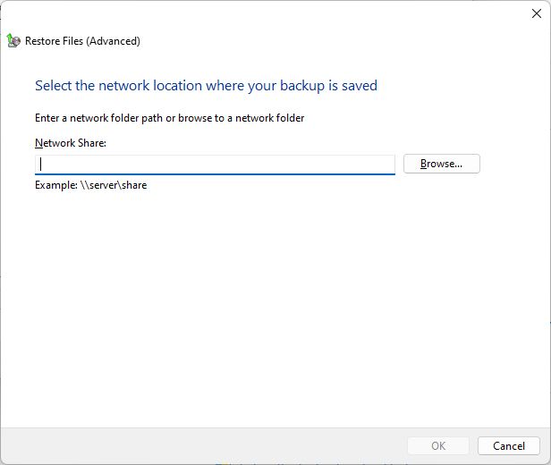 windows backup browse network location for restore