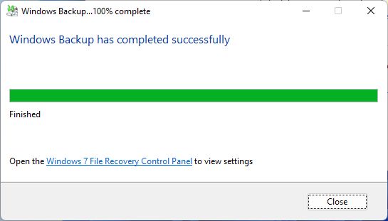 windows backup completed successfully