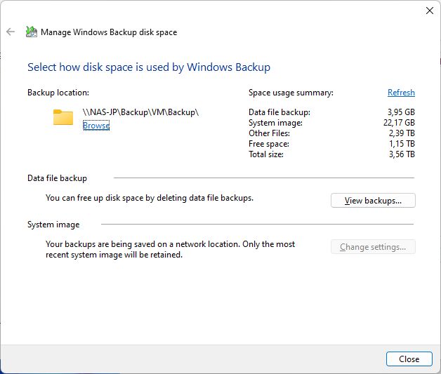 windows backup how disk space is used