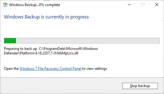 windows backup is currently in progress details