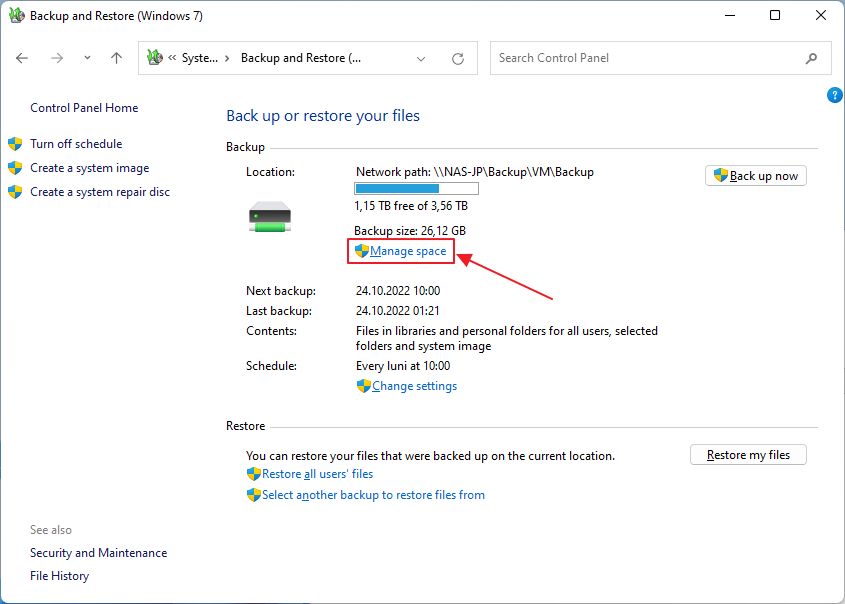 windows backup manage space