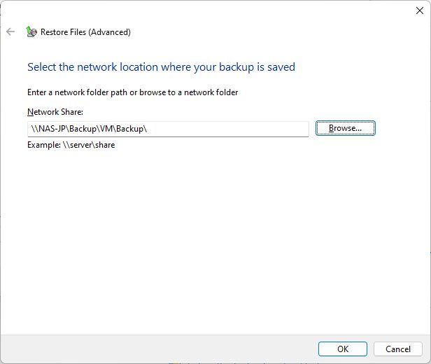 windows backup network location for restore selected